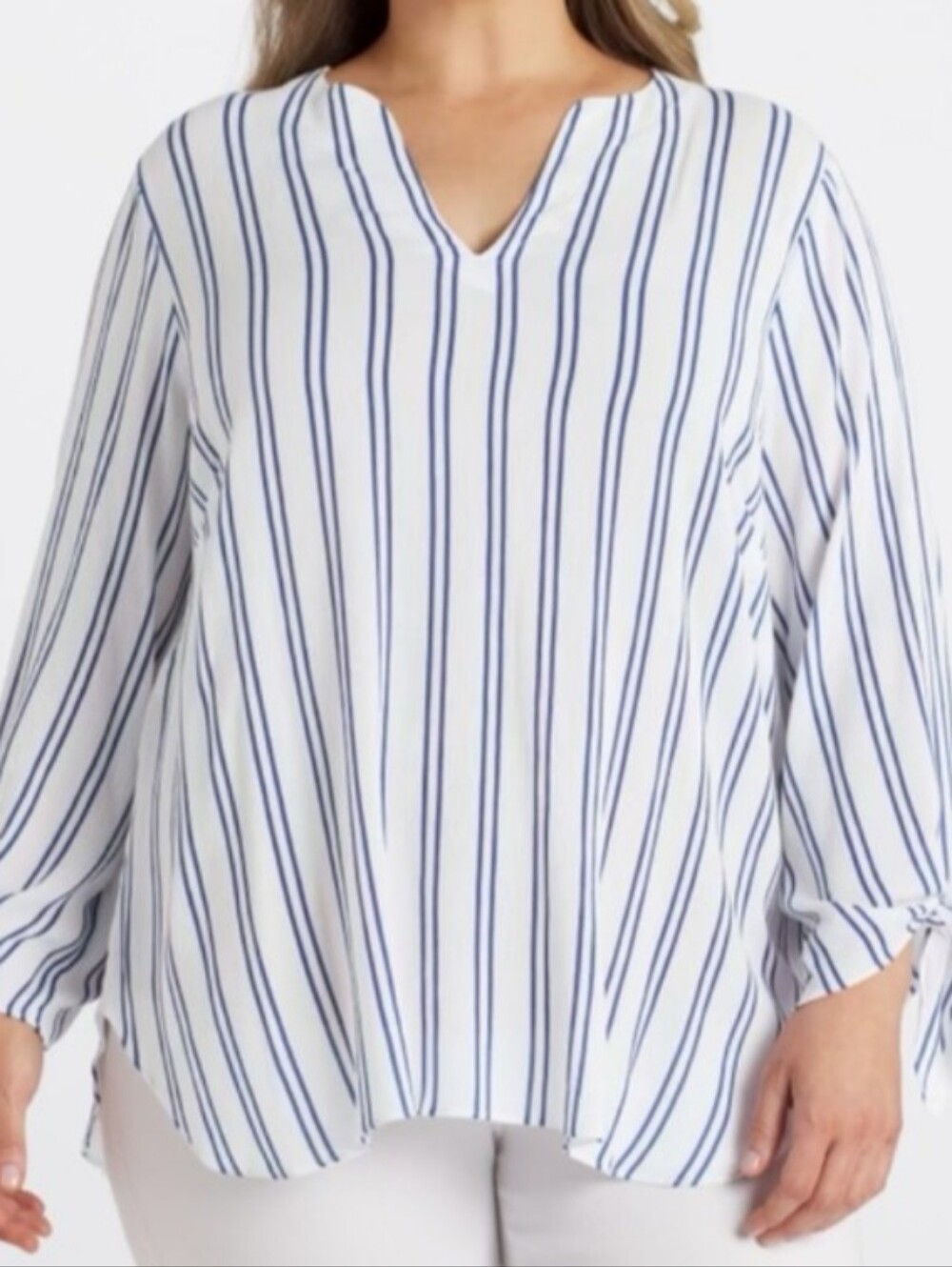 Michael Kors White and Navy Vertical Stripe V-Neck Tie-Sleeve Tunic